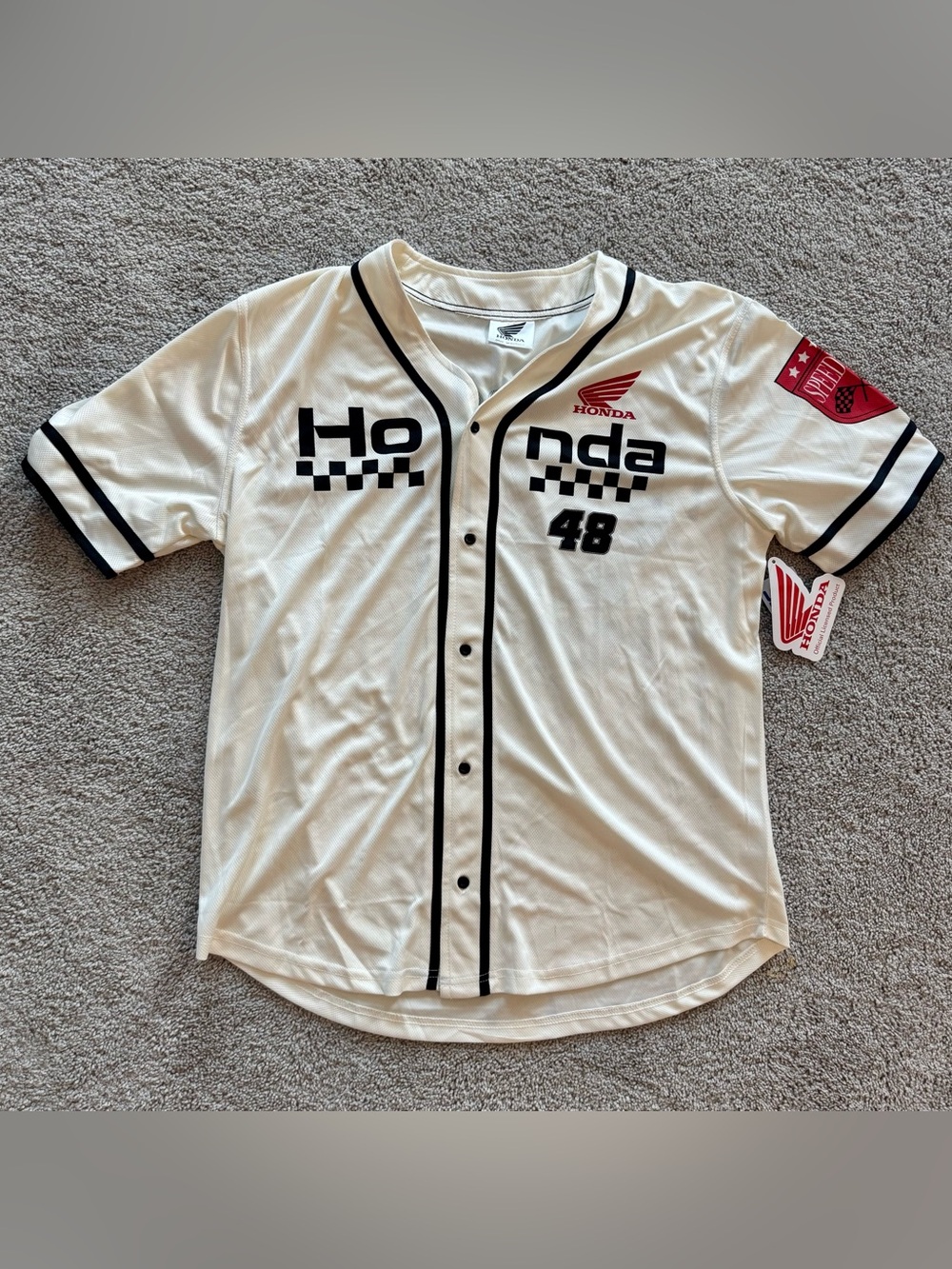 Honda Motor Racing #48 Off-white Button Up Mens XL Jersey. Speedway Patch. NWT